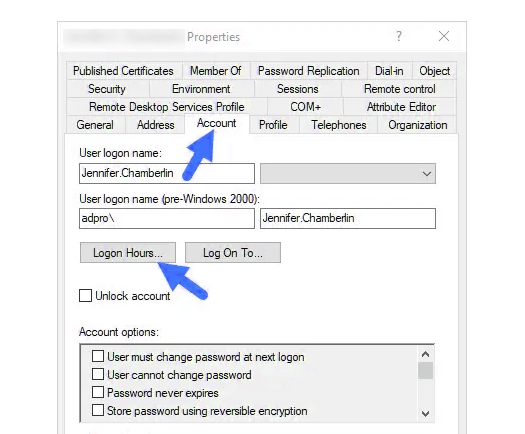 A user account restriction time-of-day restriction RDP