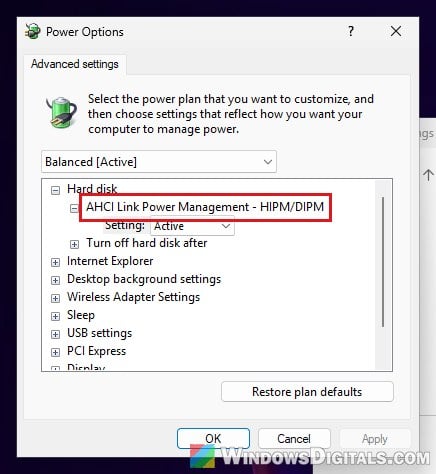 AHCI Link Power Management HIPM DIPM set to Active Windows 11
