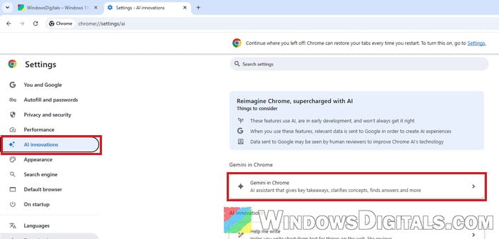 AI innovations Gemini in Chrome settings