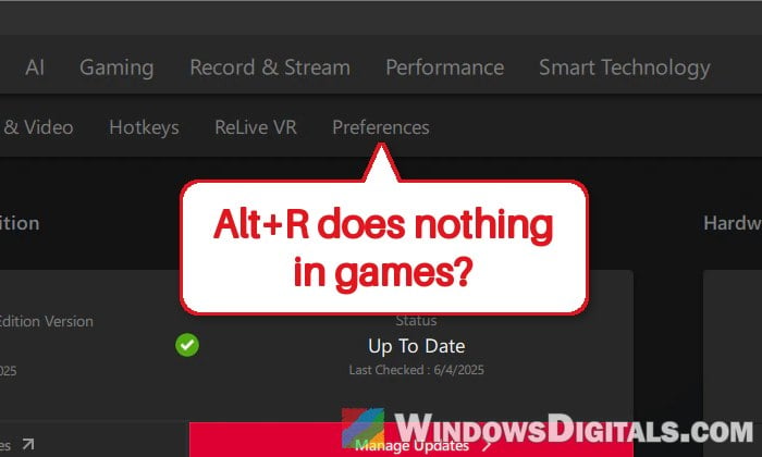AMD Adrenalin Overlay (Alt+R) Not Working in Games