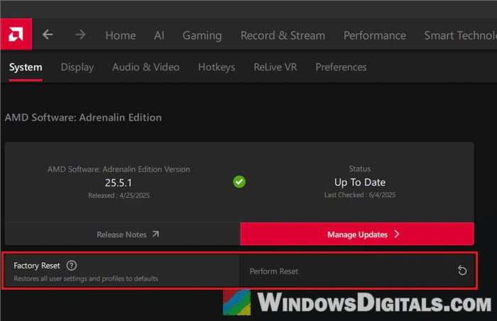 AMD Software Factory Reset System settings