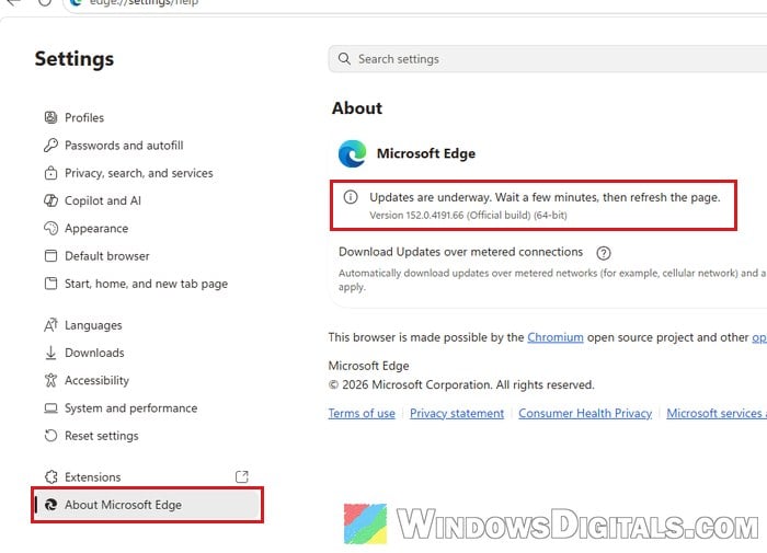 About Microsoft Edge check for updates
