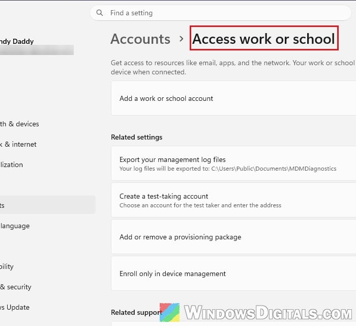 Access work or school accounts Settings Windows 11