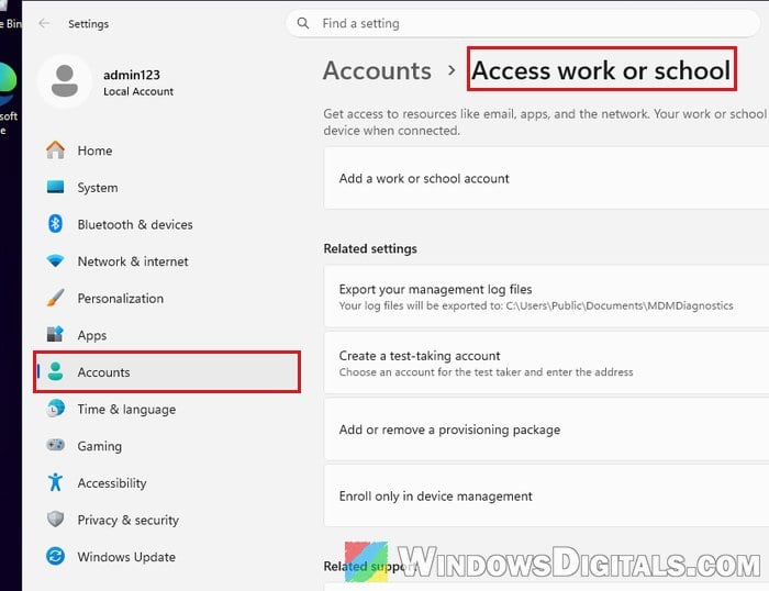 Access work or school in Settings Windows 11