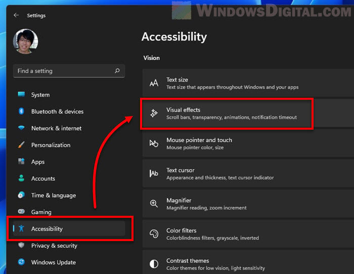 Accessibility Visual effects Windows 11