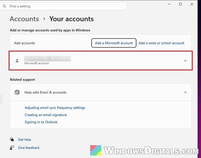 Accounts used by apps in Windows 11 Settings