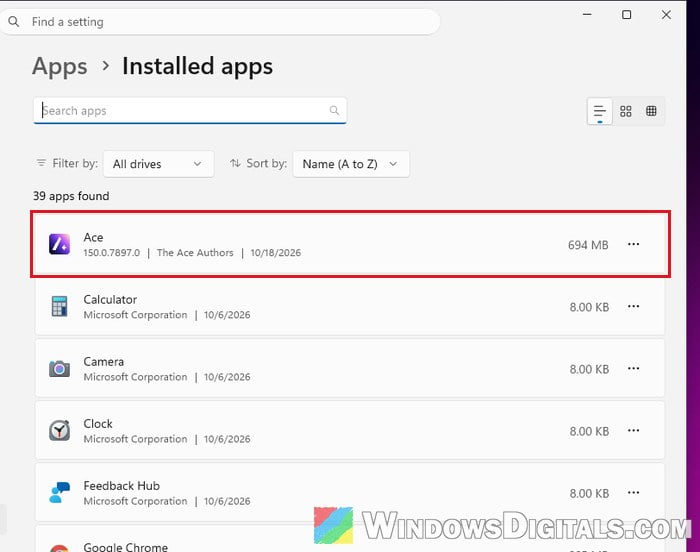 Ace browser in Installed apps Windows 11