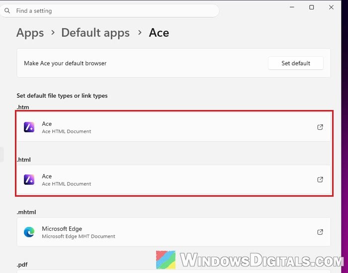 Ace set as default for htm and html Default apps Windows 11