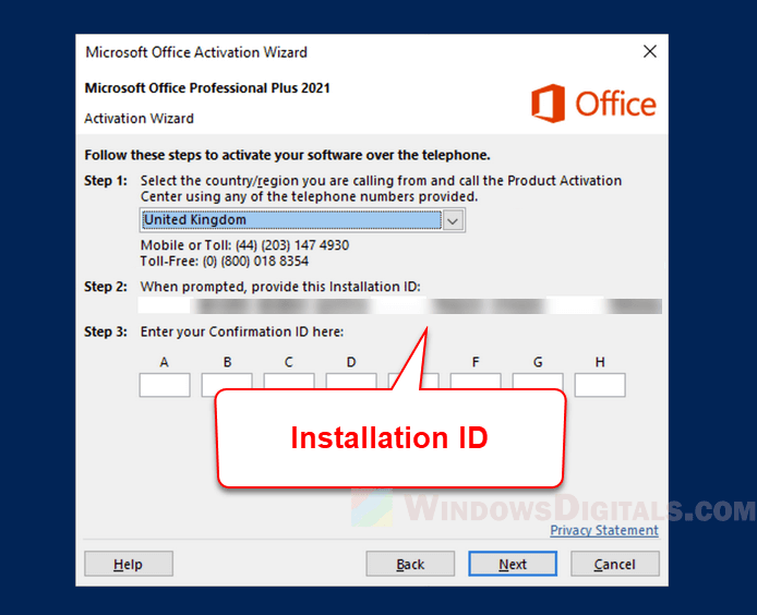 Activate Office by telephone Installation ID