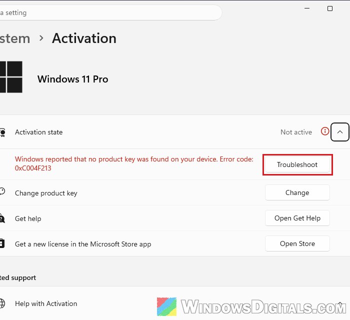 Activation Troubleshoot button Windows 11