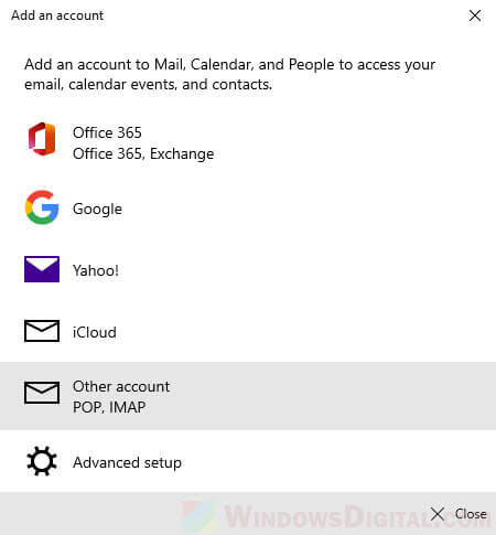 Add AOL email account in Windows 10 Mail app