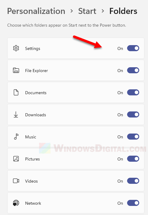 Tambahkan dokumen Unduh Musik Foto Video Tombol Jaringan ke menu Mulai Windows 11