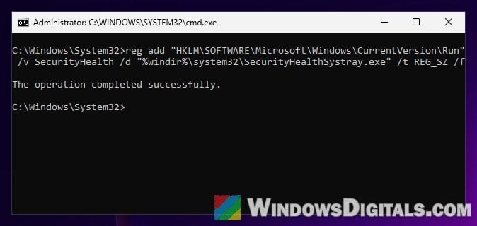 Add SecurityHealth startup entry with reg add command Windows 11