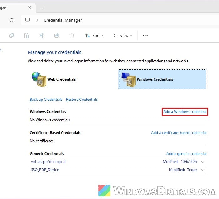 Add a Windows credential in Credential Manager Windows 11