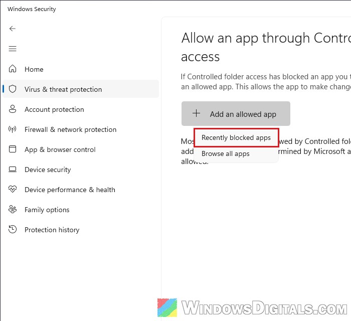 Add an allowed app Recently blocked apps Windows Security