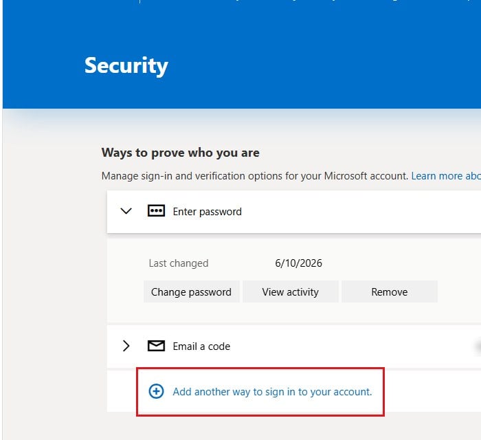 Add another way to sign in to your account Microsoft account