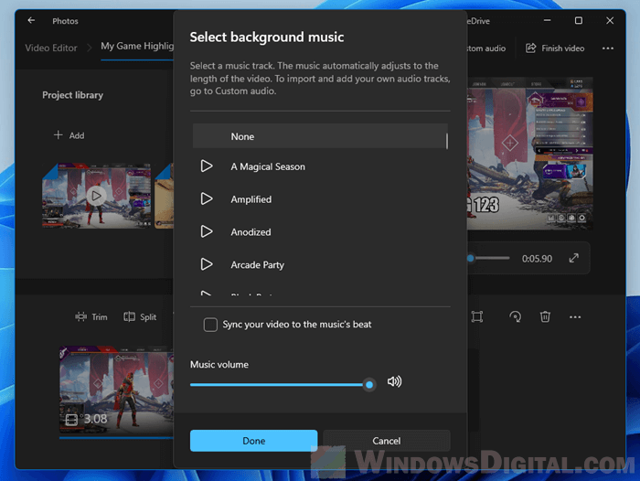 Add background music audio to video Windows 11