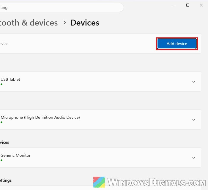 Add device in Bluetooth and devices settings Windows 11