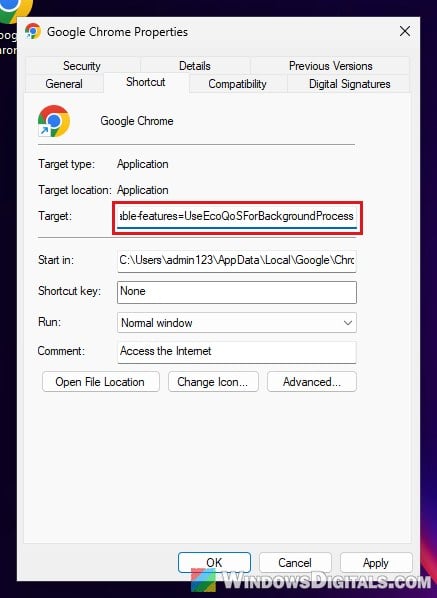 Add disable-features UseEcoQoSForBackgroundProcess to Chrome shortcut