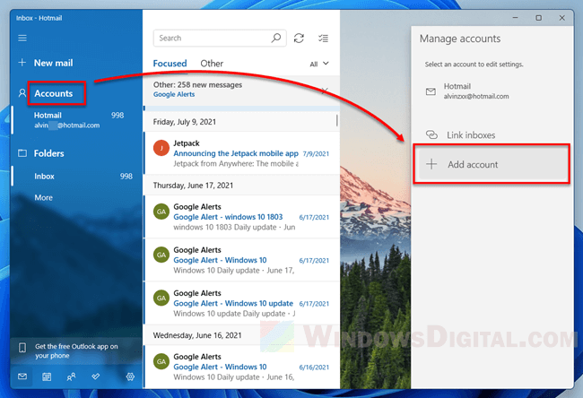 Add email account to Mail app Windows 11