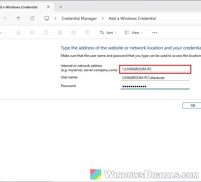Add network computer credentials Windows 11