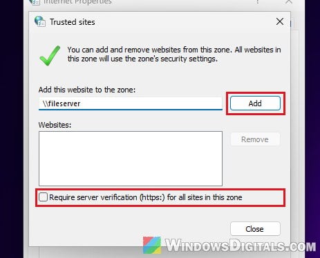 Add network share to Trusted sites zone Windows 11