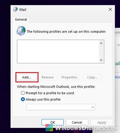 Add new Outlook profile Mail Control Panel Windows 11