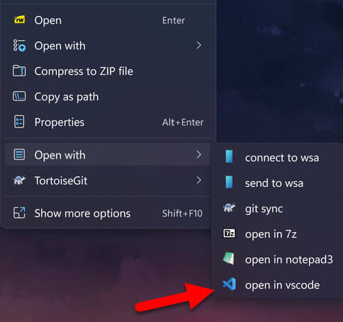 Add open with vs code in main context menu Windows 11