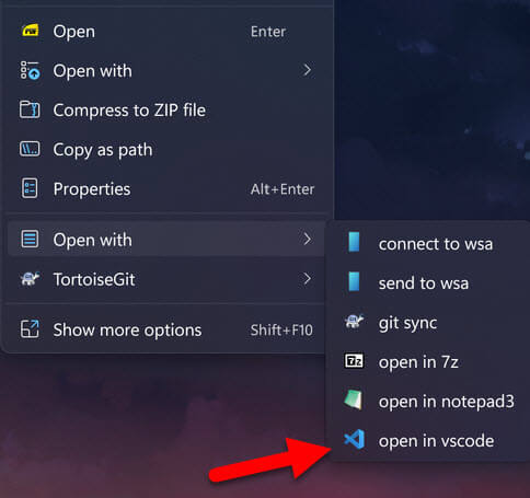 Add open with vs code in main context menu Windows 11