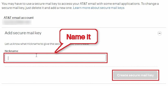 Add secure mail key AT&T account Settings