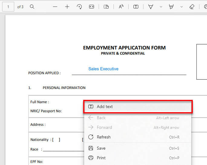 Add text to PDF with Microsoft Edge