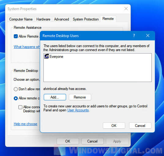 Add user account to Remote Desktop Windows 11