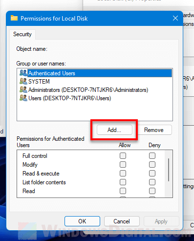 Add user or group in security permission Windows 11