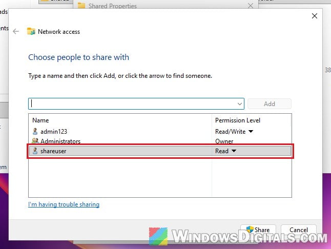 Add user to shared folder Network access Windows 11