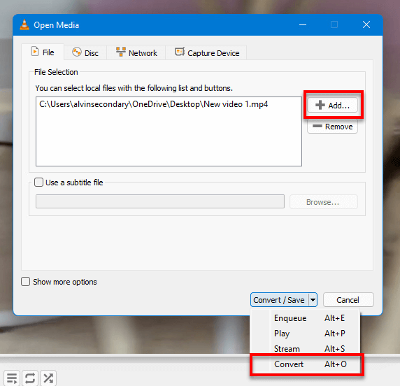 Add video and Convert in VLC