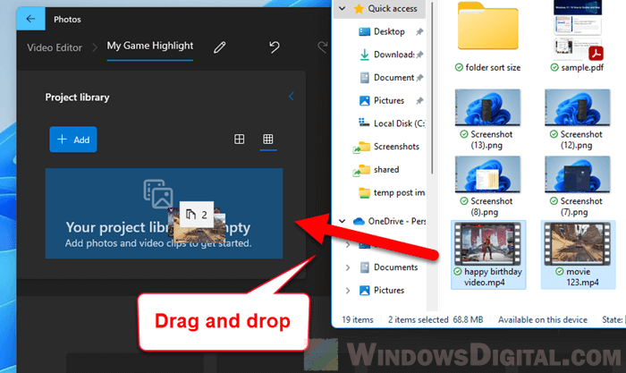 Add videos to project library in Video Editor Windows 11