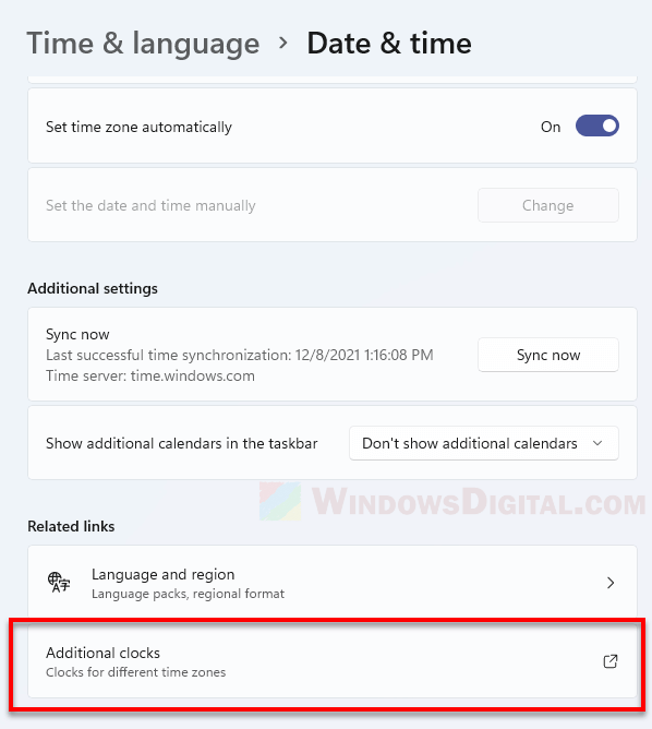 Additional clocks for different time zones Windows 11