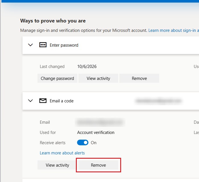 Additional security options remove verification method Microsoft account