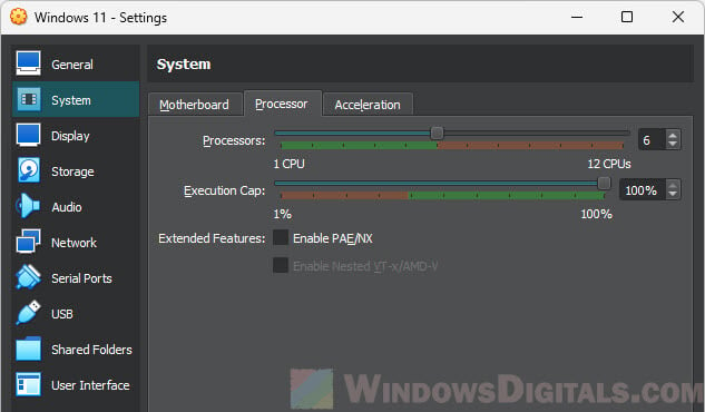 Adjust VirtualBox Processor Settings for Windows 11 or 10 VM