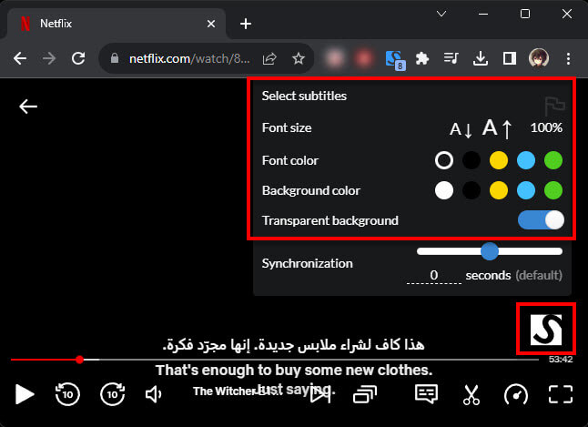 Adjust subtitles size background color and transparent on Netflix