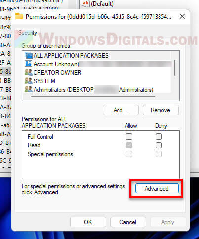 Advanced Permission settings Registry Editor