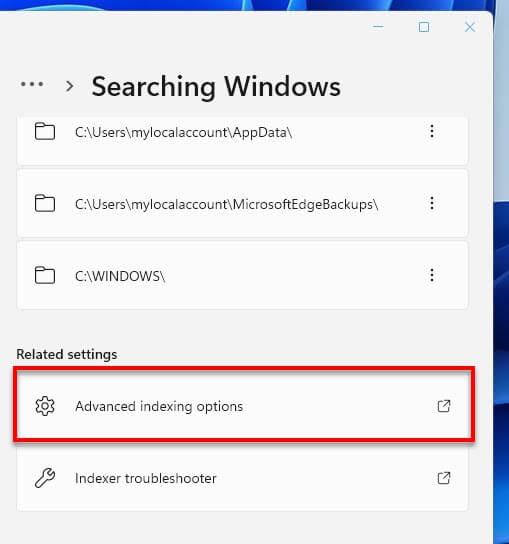 Advanced indexing options Windows 11