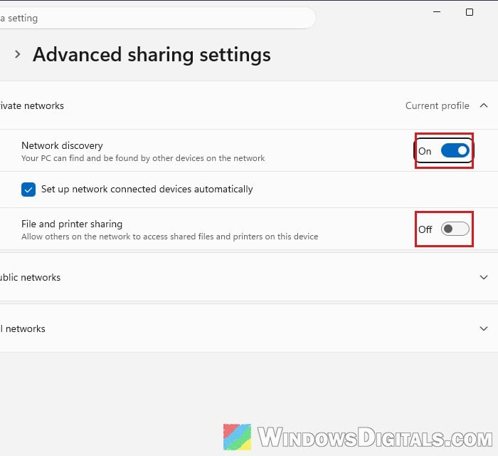 Advanced sharing settings Private networks file and printer sharing Windows 11