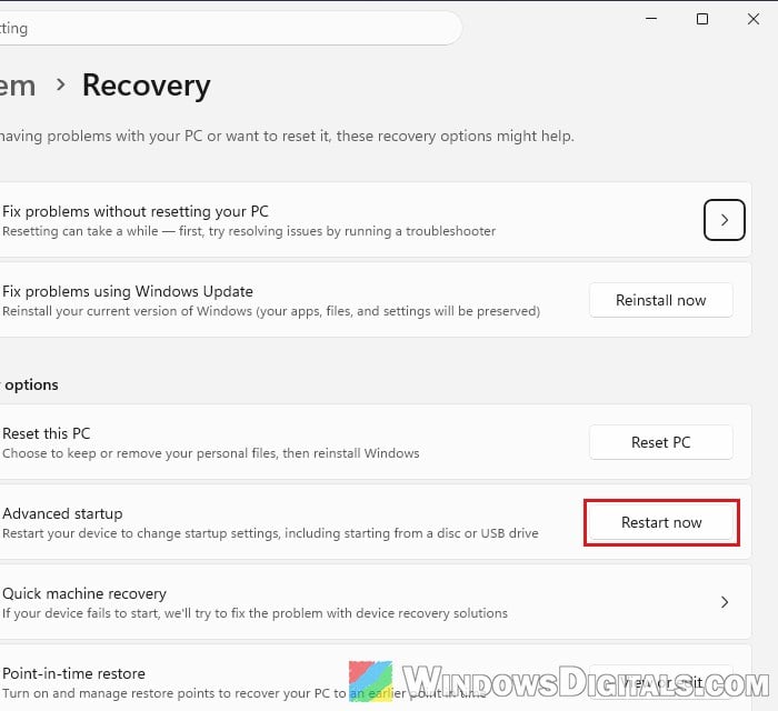 Advanced startup Restart now in Windows 11 Recovery settings