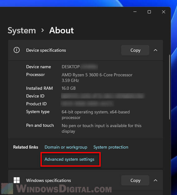 Advanced system settings Windows 11