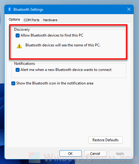 Allow Bluetooth devices to find this PC Windows 11