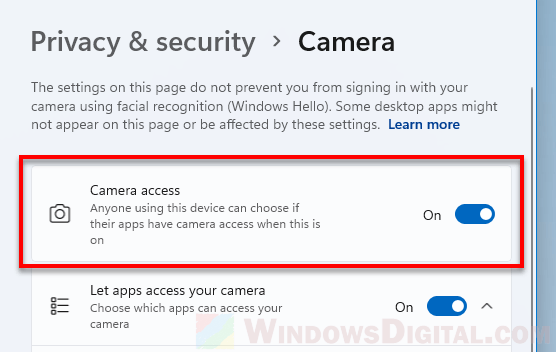 Izinkan Facebook mengakses kamera Windows 11