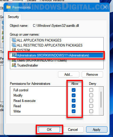 Allow Full Control Administrator Windows 11