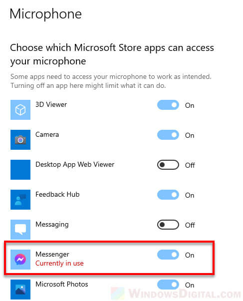 Izinkan akses ke mikrofon messenger facebook Windows 10