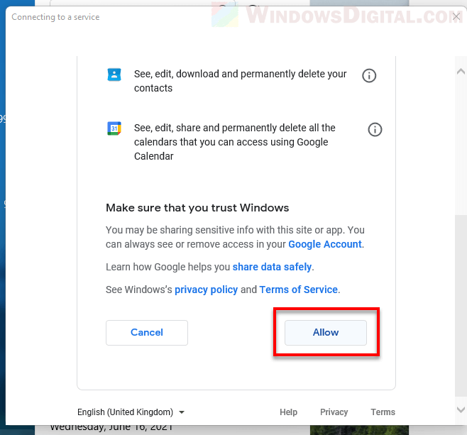Allow Windows 11 to access Google account